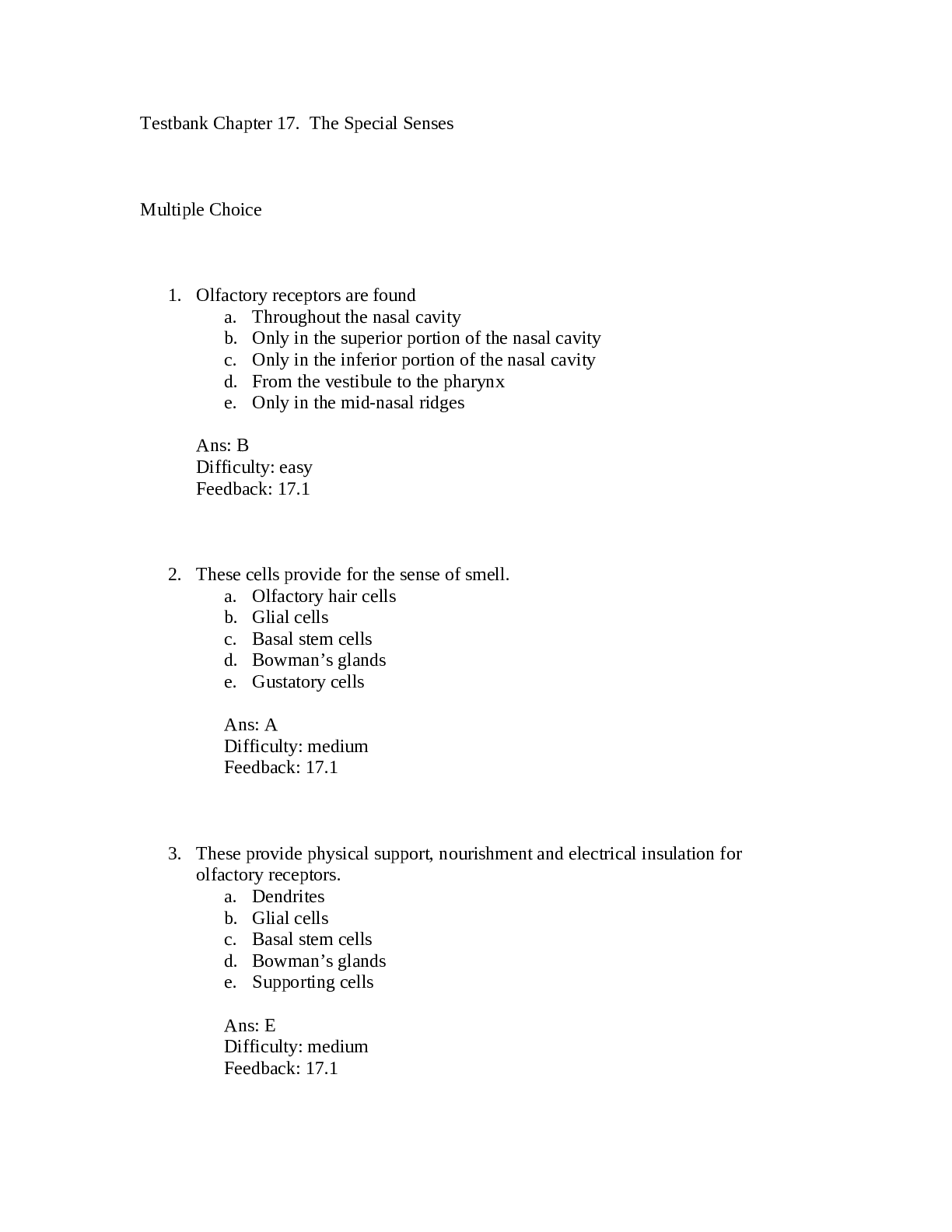 Preview image of Testbank Chapter 17. The Special Senses document